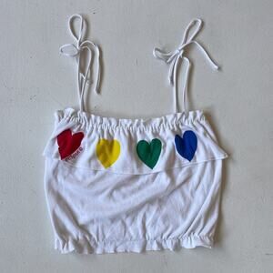 Vtg 70s 80s Rainbow Heart Cropped Ruffle Cami Tank Top Retro ECLIPSE Sz L